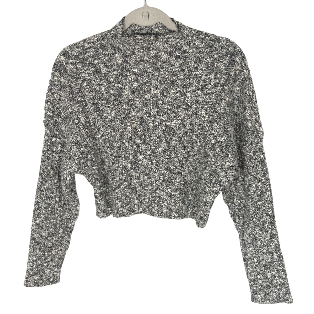 Miou Muse Cropped Knit Sweater Womens M Black White Marled 100 Cotton Pullover